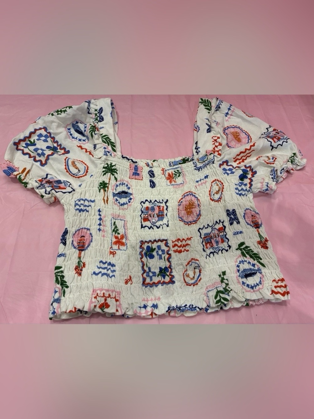 Monteau LA Women’s Top Shirt White Floral Smock Rayon Linen Retro Pinup Sz L
